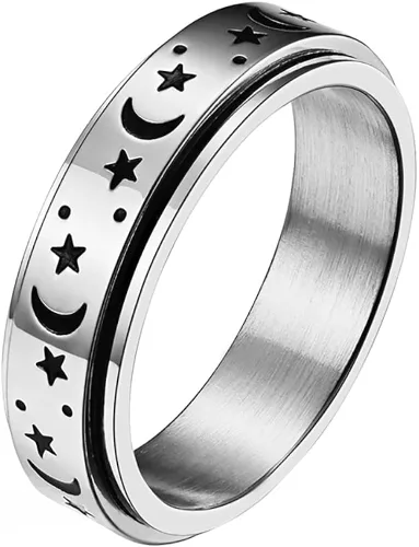 Vista 2 de DRUTORE Anillos de acero inoxidable para mujeres y hombres, anillos de ansiedad con flores de luna, estrellas y flores, antiestrés, anillos