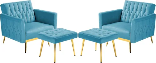 Vista 8 de 2 Pieces Velvet Chairs w/Adjustable Backrest & Ottoman, Baby Blue Azul bebé