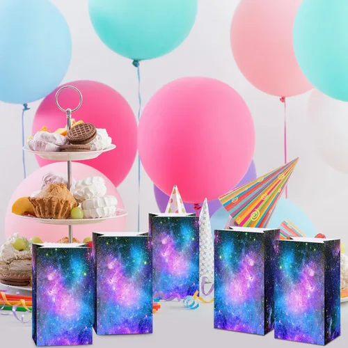 Vista 4 de Containlol Paquete de 28 bolsas de regalo de fiesta de galaxia espacial para niños, bolsas de regalo temáticas del espacio exterior, bolsas de papel