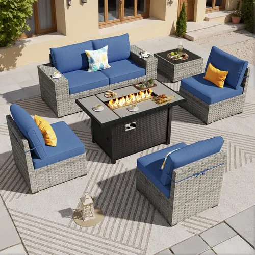 Vista 30 de ovios Juego de muebles de patio de 6 piezas, sofá seccional de mimbre para exteriores con mesa auxiliar, cómodos cojines, moderno sofá modular Beige