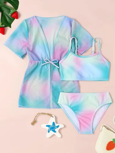 Vista 5 de SHENHE Traje de baño de 3 piezas para niña con bonito teñido anudado con kimono