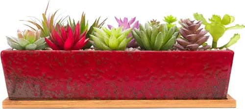 Vista 11 de Macetas para suculentas, macetas grandes de 12.1 pulgadas con bandeja de drenaje, maceta rectangular larga de cerámica para cactus de Azul