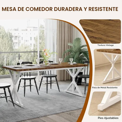 Vista 3 de Mesa de comedor de granja para 6-8 personas, mesa de comedor rectangular de madera de 70.8 pulgadas, mesa de cocina rústica con patas de metal extra