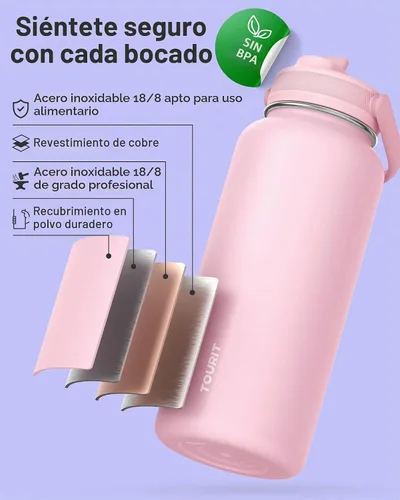 Vista 2 de TOURIT Botella de agua aislada de 32 onzas, botella de acero inoxidable con popote, aislamiento al vacío de doble pared para bebidas frías y Negro