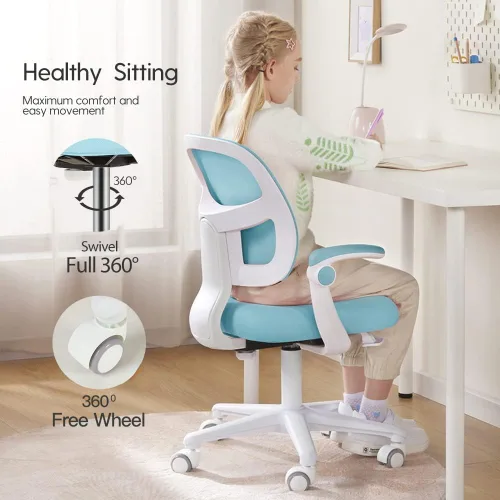 Vista 3 de Silla de escritorio para niños, silla para niños de altura ajustable. Diseño ergonómico. Adecuado para niños de 4 a 12 años, color azul claro