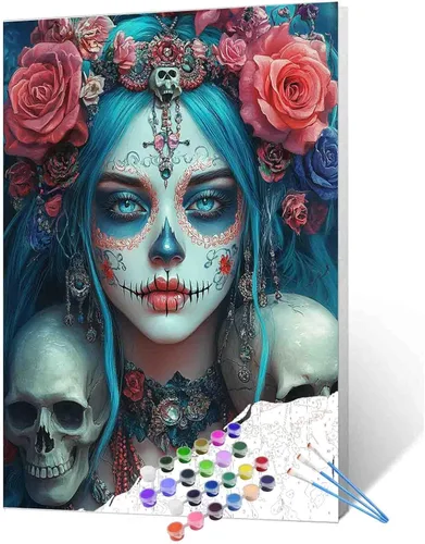 Vista 22 de Tucocoo Decoración del Día de los Muertos, pintura por números, esqueleto para parejas, pintura por números sobre lienzo con pinceles y pigmento