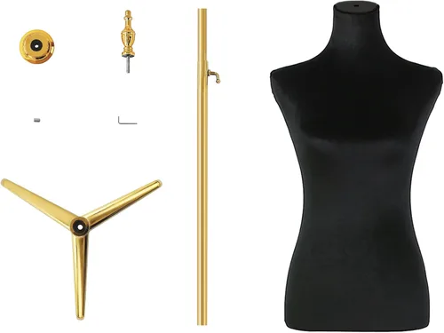Vista 6 de Modista maniquí femenino: torso de medio cuerpo con altura ajustable, terciopelo corto negro esponjoso, base de metal dorado