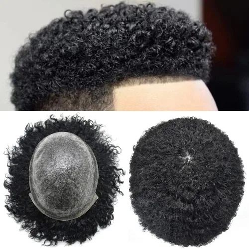 Vista 10 de Afro Toupee para hombres negros, sistema de reemplazo de cabello humano brasileño para hombres afroamericanos africanos afroamericanos, piezas