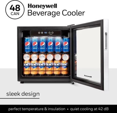 Vista 3 de Honeywell Refrigerador y enfriador de bebidas, mini refrigerador para 48 latas con puerta de vidrio para refrescos, cerveza o vino para oficina
