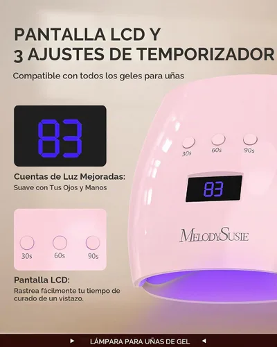 Vista 2 de MelodySusie P-Plus30I - Lámpara de uñas profesional LED UV, secadora de uñas de alta eficiencia con 3 temporizadores y base desmontable que cura