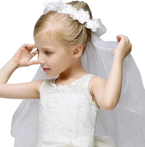 Vista 2 de Corona de flores con velo para niñas, ideal para eventos como bodas Blanco