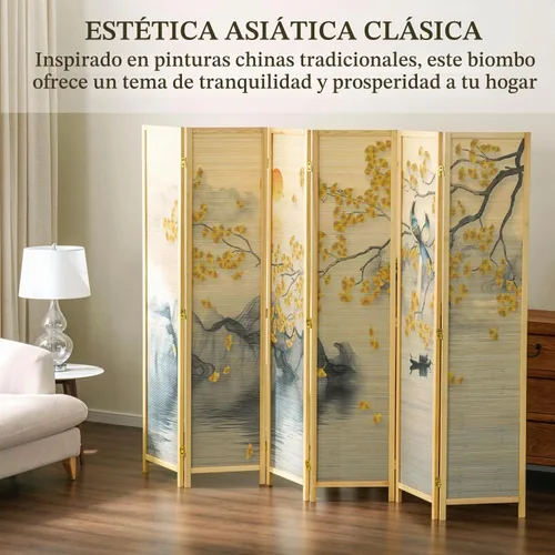 Vista 2 de MyGift Divisor de habitación de bambú de 6 paneles, ilustraciones