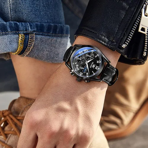 Vista 8 de OLEVS Reloj para hombres cronógrafo marrón cuero oro caso analógico cuarzo moda negocios vestido grande hombres reloj día fecha luminoso impermeable