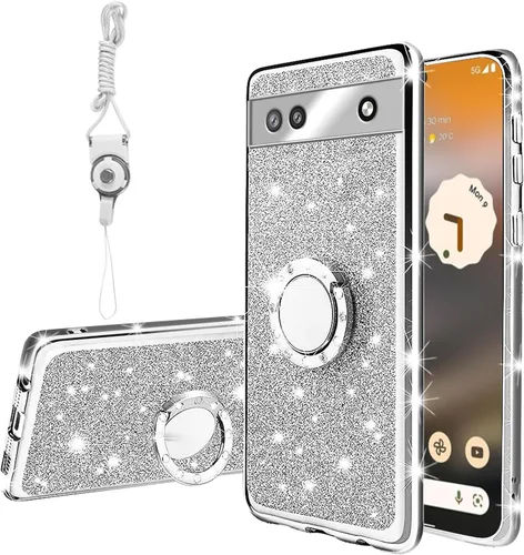 Vista 32 de Funda compatible con Google Pixel 6 Pro para mujer, con purpurina, suave, elegante, transparente, TPU de lujo, bonita funda protectora con correa