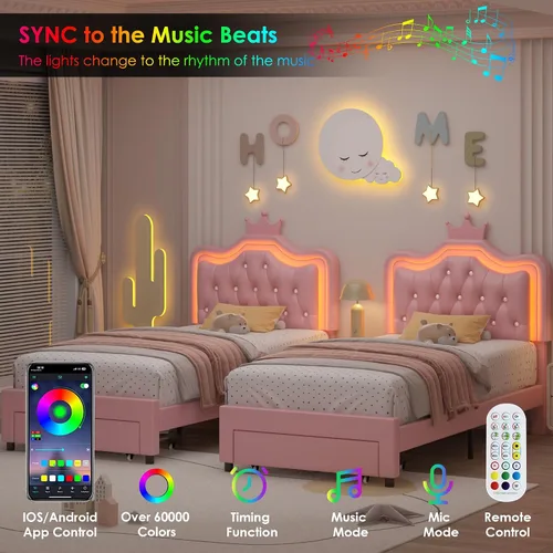 Vista 3 de Marco de Cama LED Tapizada Tamaño Twin con Cajón de Almacenamiento, Cama de Plataforma de Princesa de Cuero con Cabecera de Corona con Botones