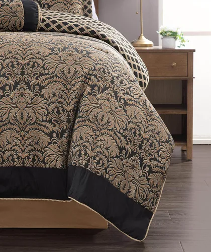 Vista 6 de Chezmoi Collection Juego de edredón Jacquard Floral de 7 piezas, color negro y dorado, con medallón de diamante, tamaño Queen Negro/Marrón Floral