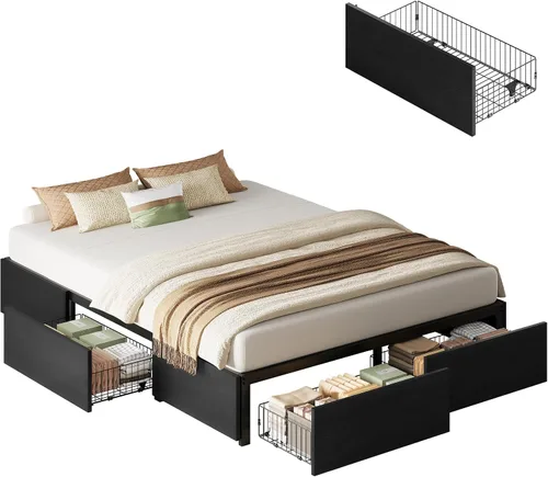 Vista 9 de LIKIMIO Queen Bed Frame with 4 Storage Drawers, Black Queen Size Platform Bed, Heavy Strong Metal Support, Solid Stable, Noise-Free, No Box Spring