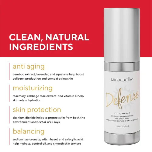 Vista 5 de Mirabella Defense CC Creme - Base de cobertura completa con SPF 20, base CC Cream con protector solar y ácido hialurónico, control de aceite