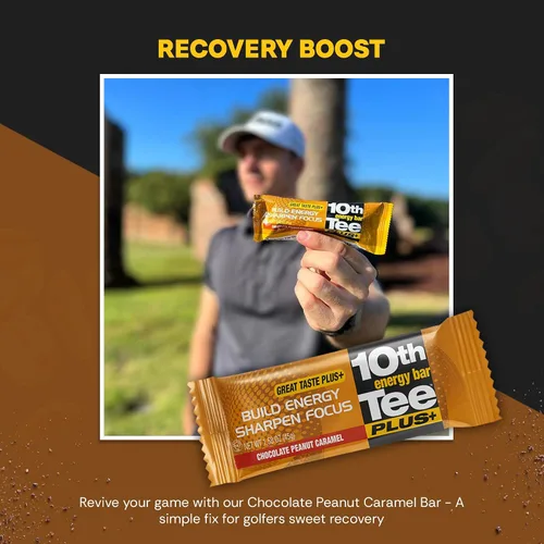 Vista 5 de 10th Tee Plus+ Barra de chocolate y caramelo de maní hecha con ingredientes naturales, barras de 1.76 onzas (12 unidades) Barra energética de golf