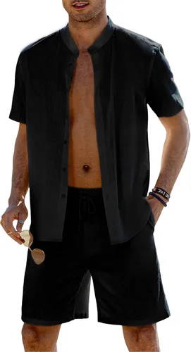 Vista 2 de COOFANDY Conjunto de 2 piezas de lino para hombre camisa y pantalones cortos casuales para playa