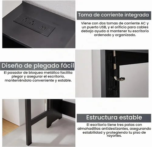 Vista 5 de Escritorio plegable con tomas de corriente, pequeña mesa plegable con estante de almacenamiento, escritorio oculto que ahorra espacio para Negro