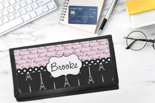 Vista 2 de Funda de lona personalizada para chequera de Paris Bonjour y Torre Eiffel, Cartera delgada