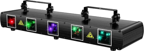 Vista 8 de U`King - Luz láser de DJ, 5 efectos de haz de luz, luces de fiesta de DJ activadas por sonido, espectáculo de luz láser RGBYC LED con control DMX