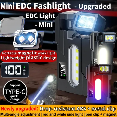 Vista 2 de Mini linterna de 1200 lúmenes, súper brillante, 3 modos, mini linternas planas de bolsillo LED, recargable, portátil, ABS, pequeña luz LED doble