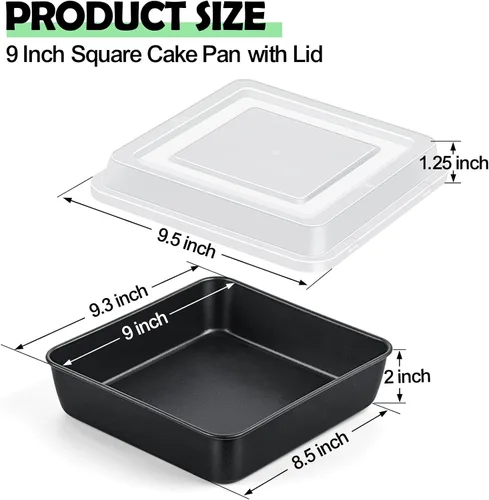 Vista 2 de TeamFar Molde cuadrado para pasteles de 9 x 9 pulgadas con tapa, sartén cuadrada antiadherente para hornear, con núcleo de acero inoxidable