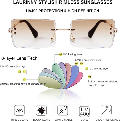 Vista 7 de Gafas de sol rectangulares para mujeres y hombres, sin marco, cuadradas, gafas de sol para hombre