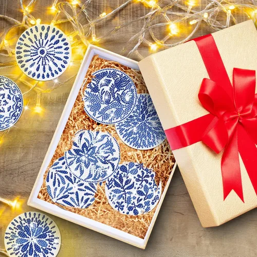 Vista 4 de YLOLUL Juego de 8 posavasos de diamante con soporte, posavasos de diamante de acuarela azul para principiantes, adultos y niños, suministros