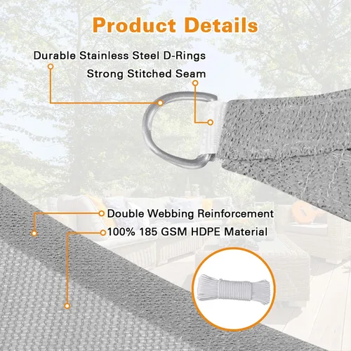 Vista 3 de Artpuch Parasol para el sol, 10 x 16 pies, rectangular, gris claro, borde curvo, tela de grado comercial de 6.53 oz/m² de polietileno de alta