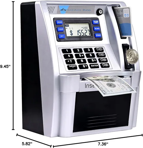 Vista 7 de Alcancía estilo cajero automático para dinero real para niños y adultos, alcancía de juguete con tarjeta, contraseña, reconocimiento de monedas