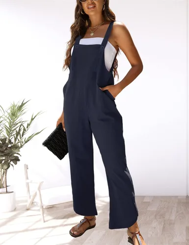 Vista 2 de Gozoloma Overol de lino y algodón holgado con dobladillo de pétalos para mujer, estilo casual y holgado