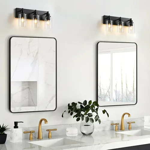 Vista 3 de LOUSACE Lámpara de tocador de baño de 3 luces, lámparas de baño negro mate sobre el espejo, iluminación moderna de baño con pantalla de vidrio