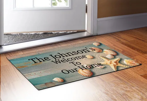 Vista 2 de Tapete de bienvenida con nombre de familia personalizable, regalo de inauguración de casa personalizado para nuevo propietario, Playero