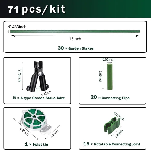 Vista 4 de Estacas de jardín de 7/16 pulgadas, 30 estacas de 16 pulgadas para plantas de bricolaje de 3 pies, 4 pies, 5 pies y 6 pies, estaca de soporte