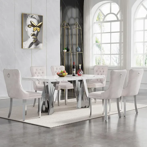 Vista 42 de HomVent - Juego de mesa de comedor de mármol sintético de 68 pulgadas con 4 sillas de terciopelo para cocina Modern Rectangular Faux Marble