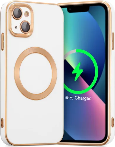 Vista 8 de QLTYPRI Funda magnética para iPhone 13 de 6.1 pulgadas, compatible con MagSafe, funda de silicona suave con borde chapado de lujo con protección