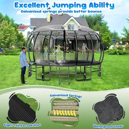 Vista 6 de Trampolín de 10 pies, 12 pies, 14 pies, 16 pies, para niños y adultos, trampolines recreativos al aire libre con red de cierre, escalera, rociador