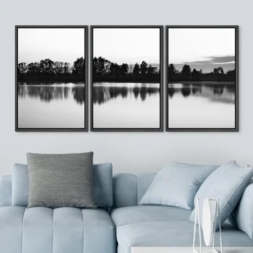 Vista 3 de NWT Juego de Arte de Pared de Lienzo Enmarcado Bosque Blanco y Negro Reflejo de Lago Paisaje Naturaleza Vida Silvestre Arte de Fotografía Rústico