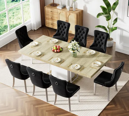 Vista 16 de Mesa de comedor extensible de 78.74 pulgadas para 6 8 y 10 pulgadas, moderna mesa de comedor extensible de granja con base de doble pedestal, mesa