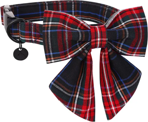 Vista 22 de Collar de Navidad para perro con pajarita, collar de perro de copo de nieve con tira roja y verde, suave, duradero, ajustable, de algodón