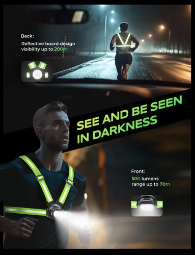 Vista 2 de Viccux 500LM Luces de correr de alta visibilidad para corredores, haz ajustable de 45° y chaleco reflectante de 360°, luz de chaleco para correr