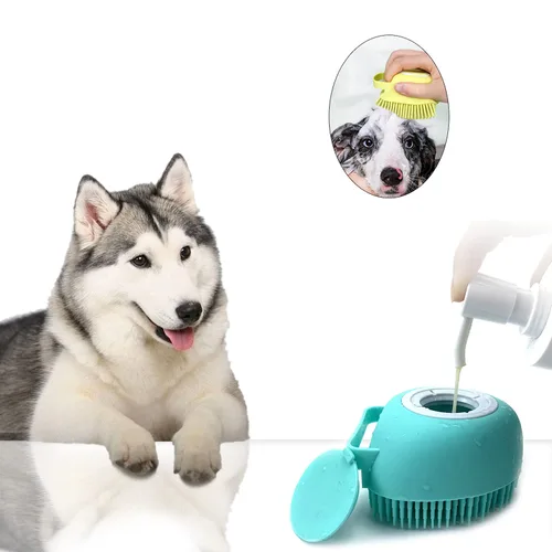 Vista 5 de Cepillo de masaje de baño para aseo de mascotas con dispensador de jabón y champú, cerdas de silicona suave para perros de pelo corto y largo y Azul