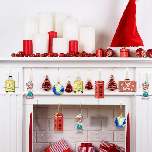 Vista 5 de 36 Piezas de Adornos Navideños Travelers Planet de Madera Globo Terráqueo Maleta Equipaje Barco Crucero Cabina Telefónica Letreros del Mundo Avión