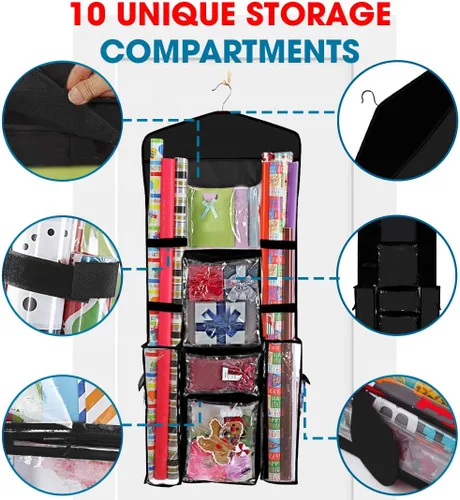 Vista 3 de ProPik Organizador de Almacenamiento de Papel de Regalo Colgante de Doble Cara con Múltiples Bolsillos Organiza tu Papel de Regalo, Bolsas