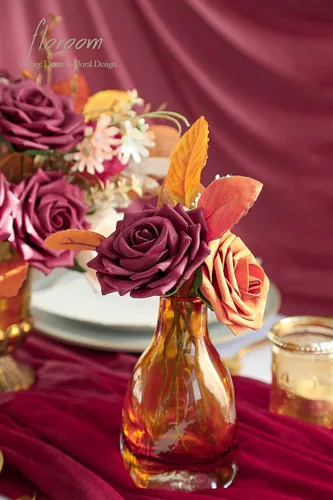 Vista 4 de Floroom Flores artificiales, 16 rosas de té híbridas de espuma de color burdeos de aspecto real de 3.5 pulgadas con tallos para bricolaje, ramos
