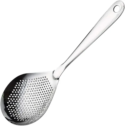 Vista 4 de Hemoton Cuchara ranurada de acero inoxidable, colador de acero inoxidable, cuchara coladora de acero inoxidable con mango para aceite de sopa