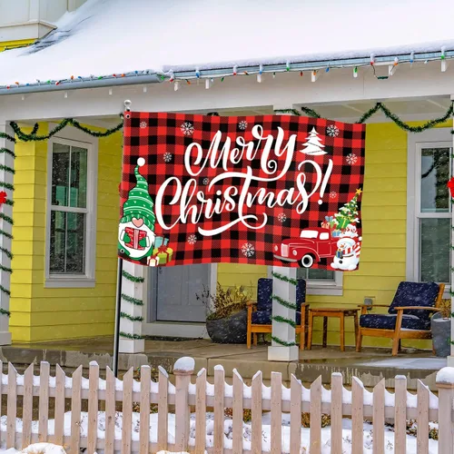 Vista 5 de Bandera de Feliz Navidad de 3 x 5 pies para decoración de patio y pancarta de búfalo rojo a cuadros de búfalo rojo, decoración al aire libre